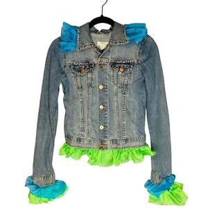 &NOW women's embellished Y2K pop star denim Jean jacket Upcycled sz 4 ruffle DIY